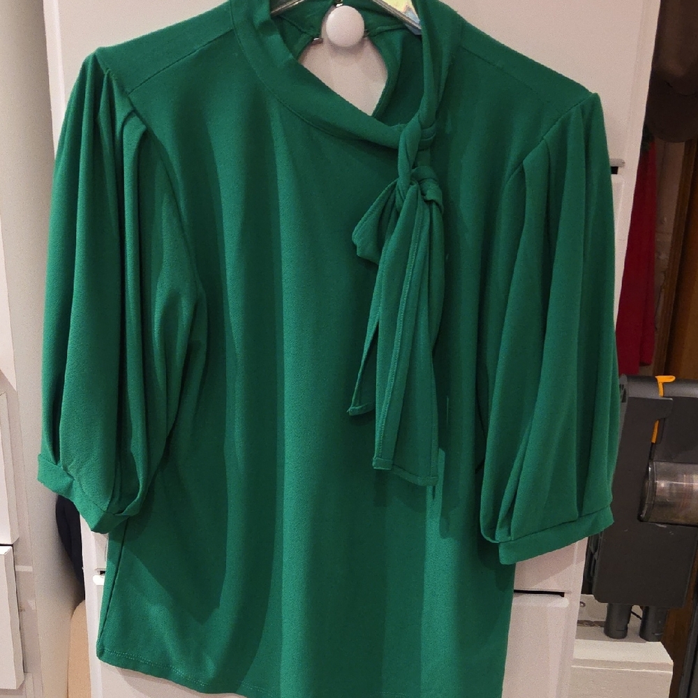 CeCe Kelly Green Tie-Neck Blouse, Dressy,M